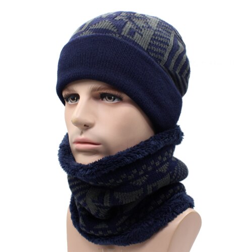 AETRUE Skullies Beanies Winter Knitted Hat Beanie Scarf Men Winter Hats For Men Women Caps Gorras Bonnet Mask Brand Hats: navy set