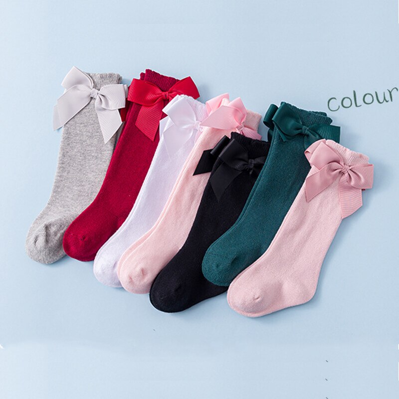 gros nœuds doux coton bébé fille chaussettes couleur unie blanc rose nœud papillon prix filles Kneed chaussettes hautes enfant en bas âge fille longues chaussettes