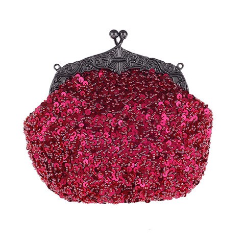 Solid Beading Hobos Bag Shiny Sequined Woman Evening Bag Luxurious Clutch Handbag Wallet Retro Old Shanghai Style with Cheongsam: Burgundy