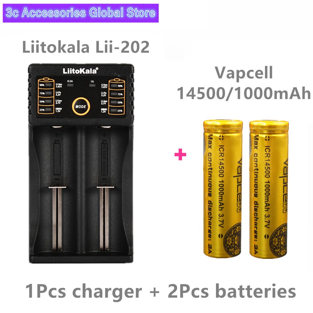 2pcs Vapcell 14500 battery 1000mah 3A mini lithium battery ICR14500 14500p For flashlights small power tools: 1 Lii202 2 battery