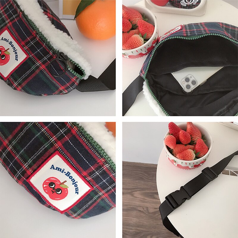 Vinter harajuku sömmar lammull jul pläd plysch axelväska kvinnors söta crossbody torebki damskie bröstväska