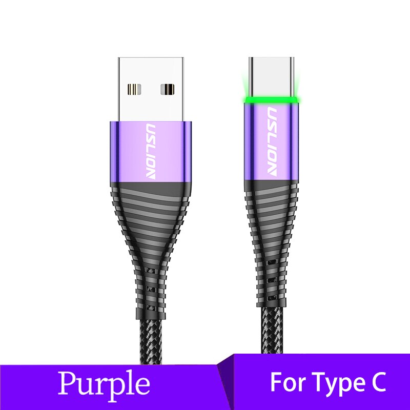 USLION USB Type C LED Fast Cable For Samsung S10 S9 Redmi note 8 pro Phone 3A Fast Charging USB-C Charger Wire Charger Data line: Purple