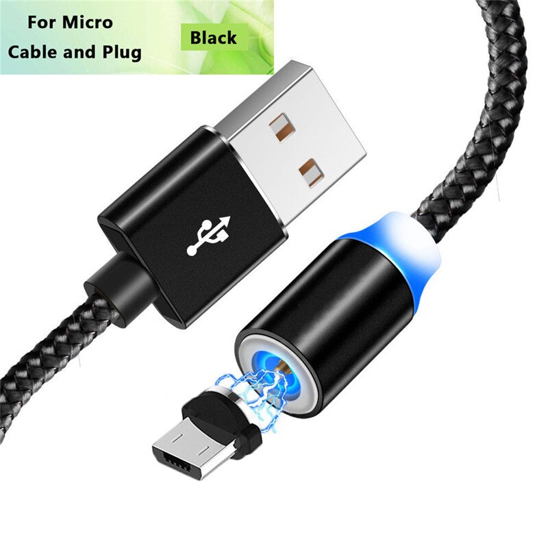 Micro usb magnetisk kabel type c magnet opladerledning til samsung  s7 j7 j6 j4 a3 a5 a7 huawei  p20 lite redmi 8 note 5 6 7 pro: Sort mikrokabel