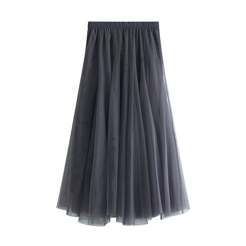 Falda larga de tul de 3 capas para otoño e invierno, falda Swing de estilo coreano para mujer, color rosa, verde, gris, azul, marrón, negro: Gris
