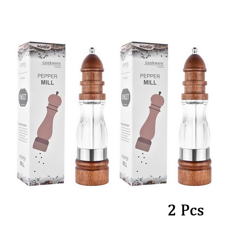 2 pièces/ensemble poivre sel broyeur en bois massif et acrylique bouteille main en céramique mécanisme de meulage épices Peper cuisine BBQ Mills: 8inch 2pcs