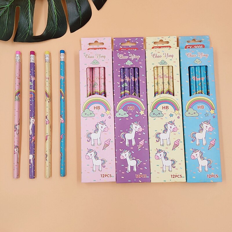 12 pcs/set Cute Rainbow Unicorn Triangle HB Standard Wooden Pencil Student Stationery Writing Pencils School Office Supply