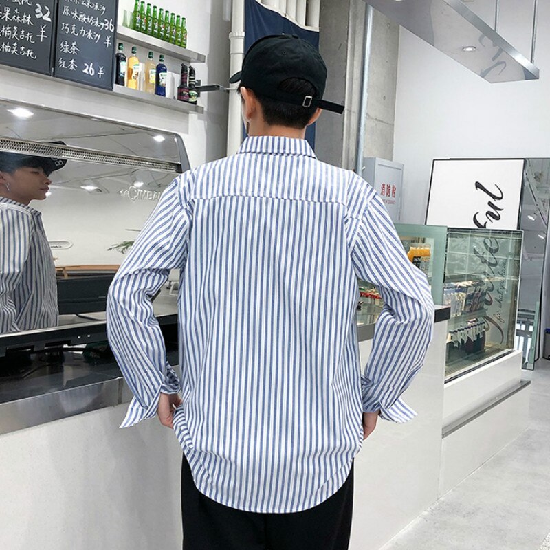 Skjorter herre stribet langærmet skjorte herre casual slim fit turn-down krave komfortabel koreansk stil simpelt mænd ulzzang tøj
