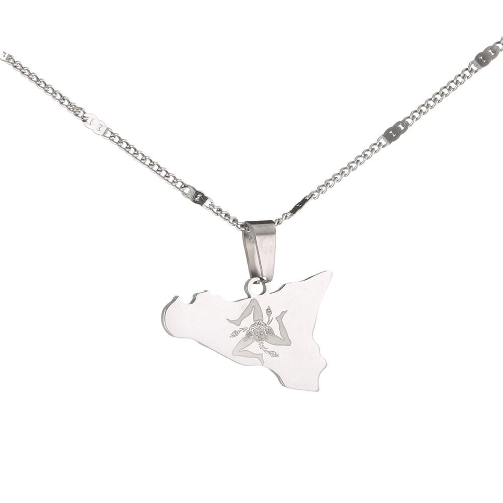 Roestvrij Staal Zilveren Kleur Kaart Van Sicilia Ketting Hangers Sicilia Charm Vrouwen Sieraden: Silver Plated