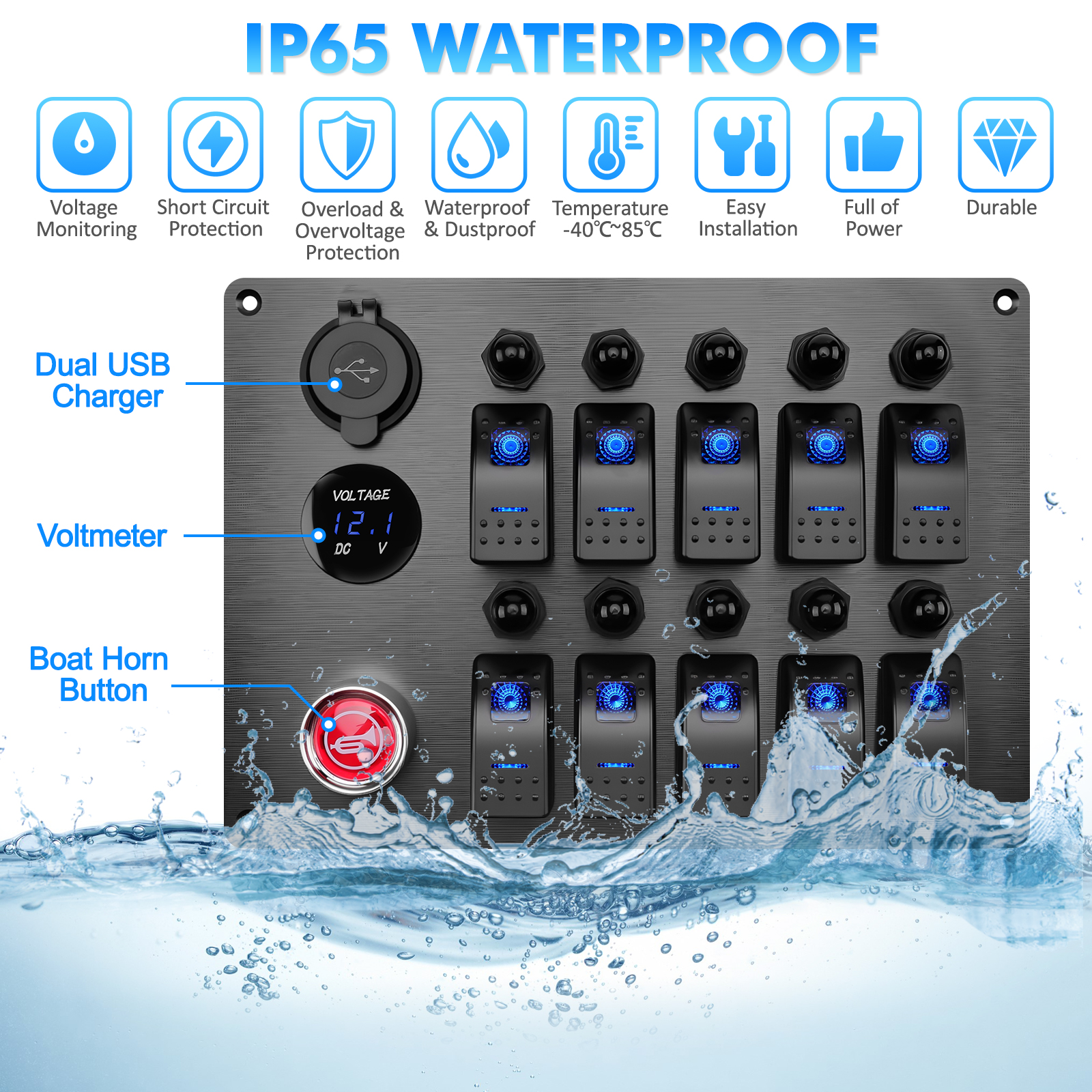 10- gangs bryterpanel vippebryterpanel med 3.1a doble usb-lader + voltmeter for bil, båt, campingvogn