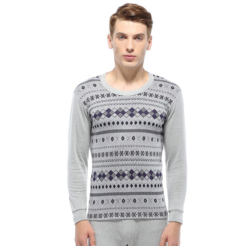 Men Plus Size Cotton Winter and Autumn Thermal Underwear Round Collar Undercoat Jacquard Long Johns Suit: 6815-Light Gray / XXL