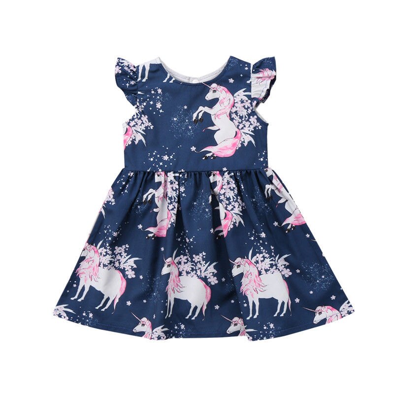 Vestido de verano con estampado de unicornio y mangas con volantes para niñas pequeñas