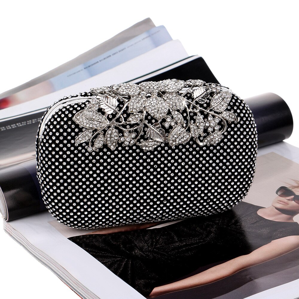 Avondtas - Schelpvorm - Kristal Diamant Parel Bloem Decoratie - Rits - 16cm Microvezel: Zwart