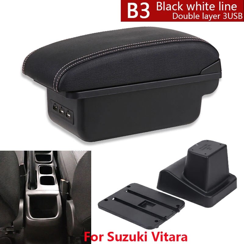 Dla Suzuki Vitara podłokietnik części robić modernizacji dedykowany podłokietnik samochdoowy centrum pudełko robić przechowywania samochód akcesoria wnętrze USB łatwy w instalacji: B3 czarny biały 3USB