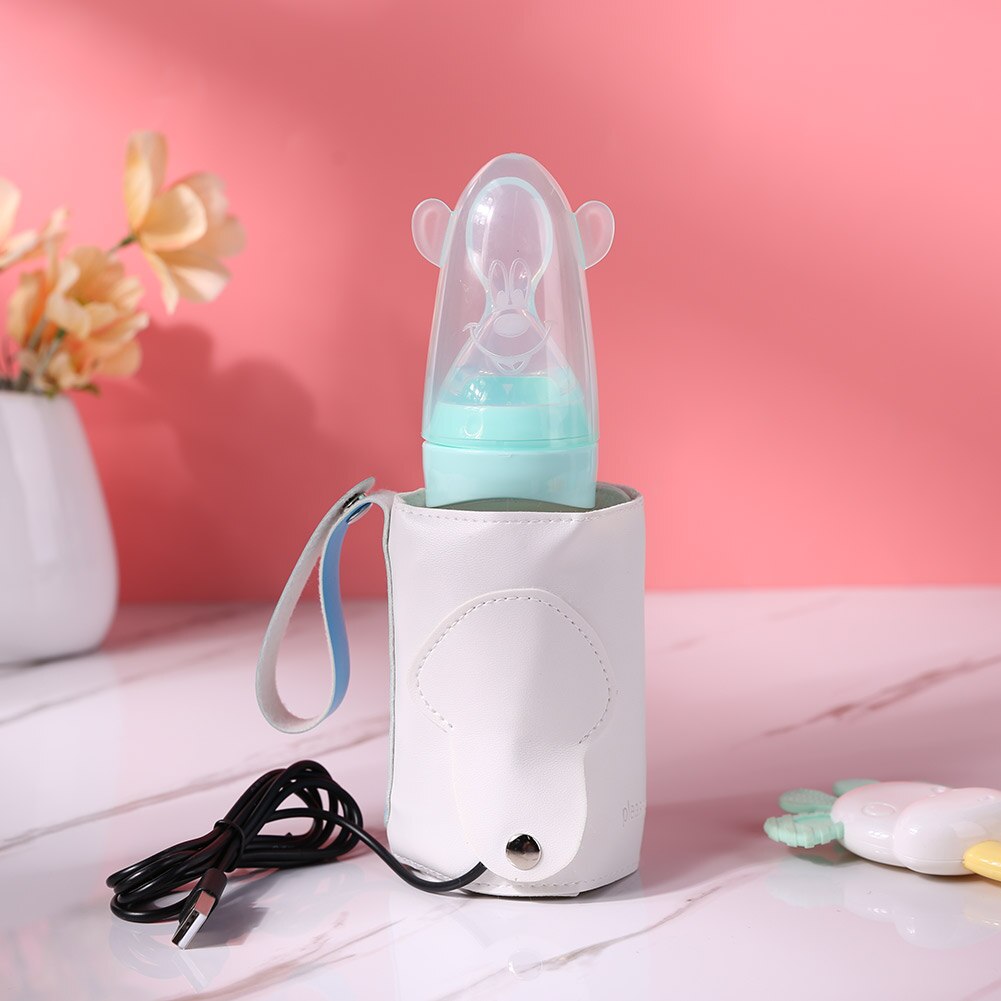 Usb babyflaskevarmervarmer bærbar lædermælkvarmervarmerflaske isoleret taske udendørs rejse spædbarn fodring flaske taske: Lyseblå