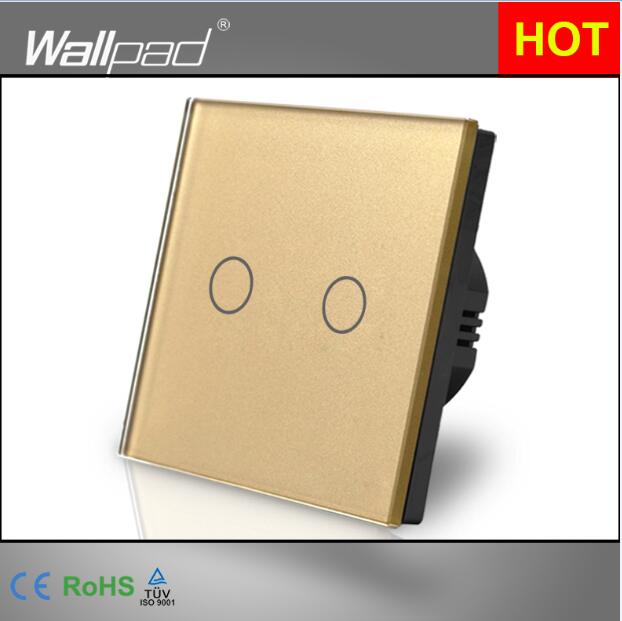 Wallpad EU UK 110V-220V 2 Gangs 2 Way 3 Way Position White Glass Panel Touch Button Wall Lights Switch Power Supply: Gold