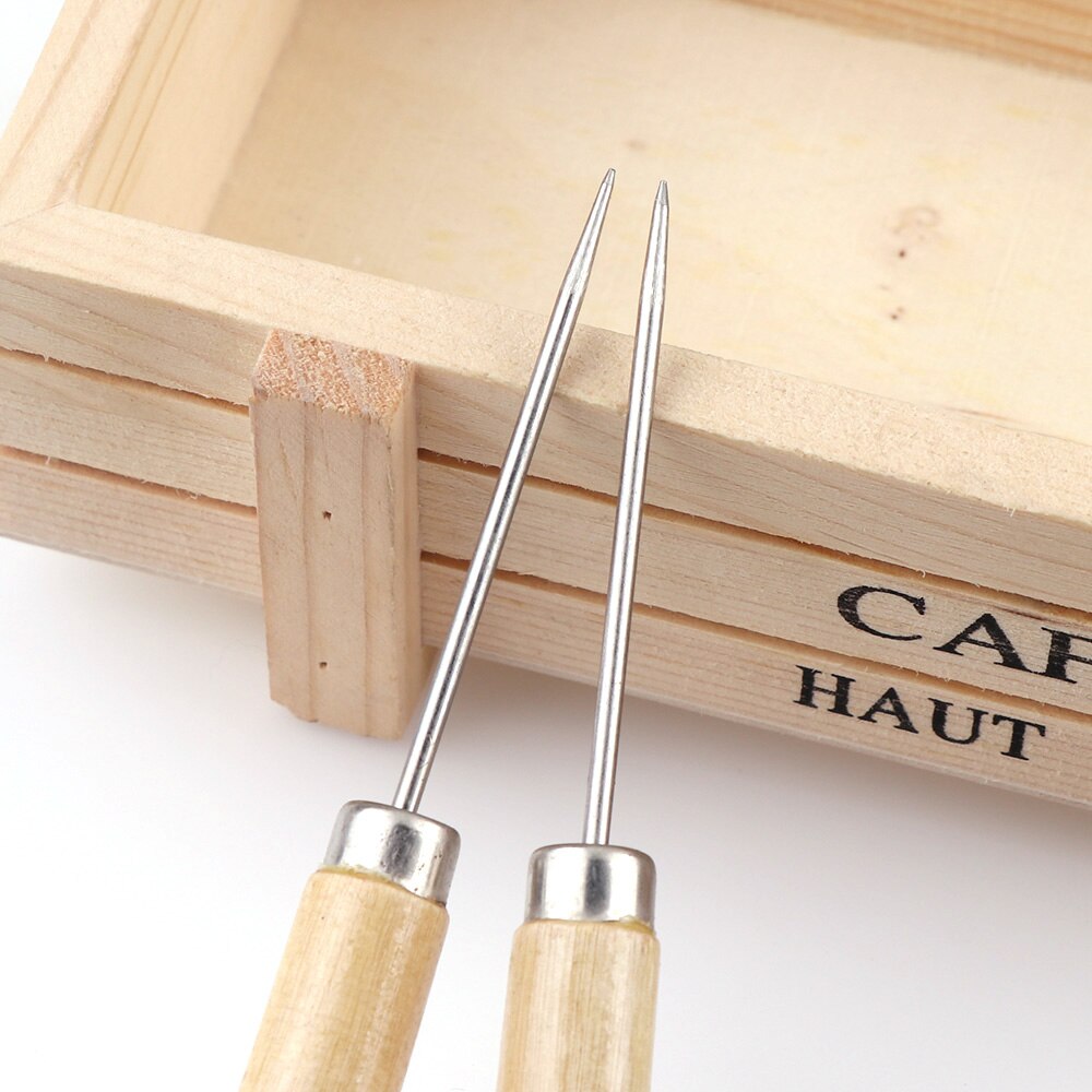 Punzón con mango de madera y cuero, herramienta útil para hacer agujeros en el gancho, punzón de costura para reparación hecha a mano, 2 unidades