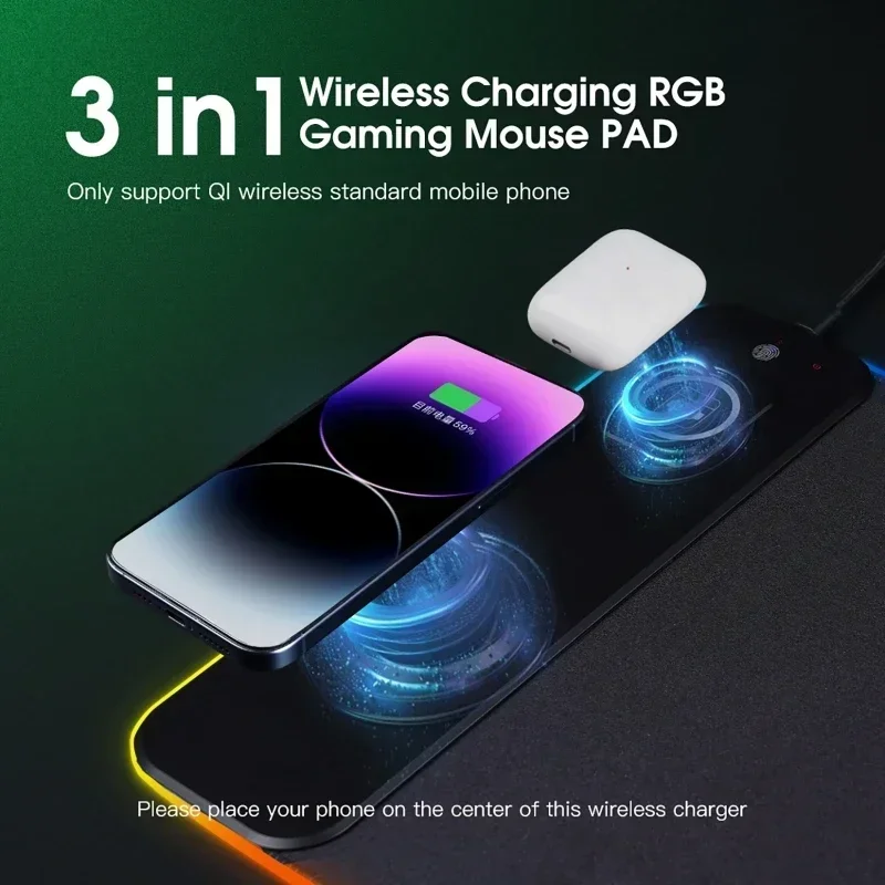 Tapis de souris lumineux rvb, charge magnétique sans fil, chargeur de téléphone, tapis de souris de jeu, ordinateur de bureau, ordinateur portable, tapis de souris