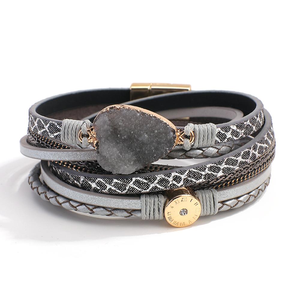 ALLYES Multilayer Geflochtene Leopard Leder Armbänder für Frauen Harz Charme Römischen ziffern Armband Paar Schmuck: Grey