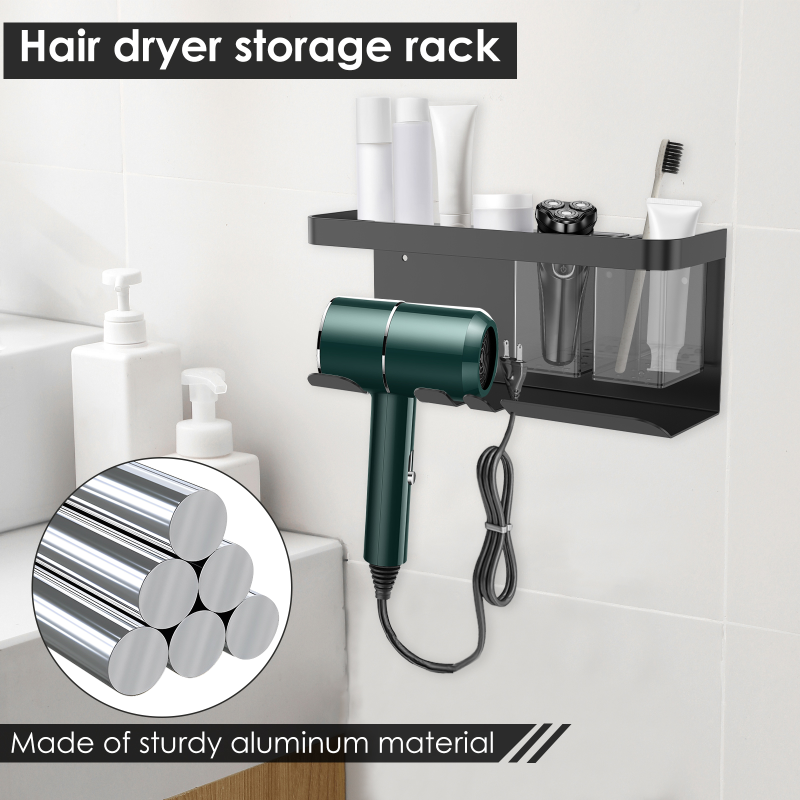 Soporte para secador de pelo, soporte de pared para secador de baño, organizador, estante, ducha, inodoro, soplador, colgador de secador de pelo de aluminio
