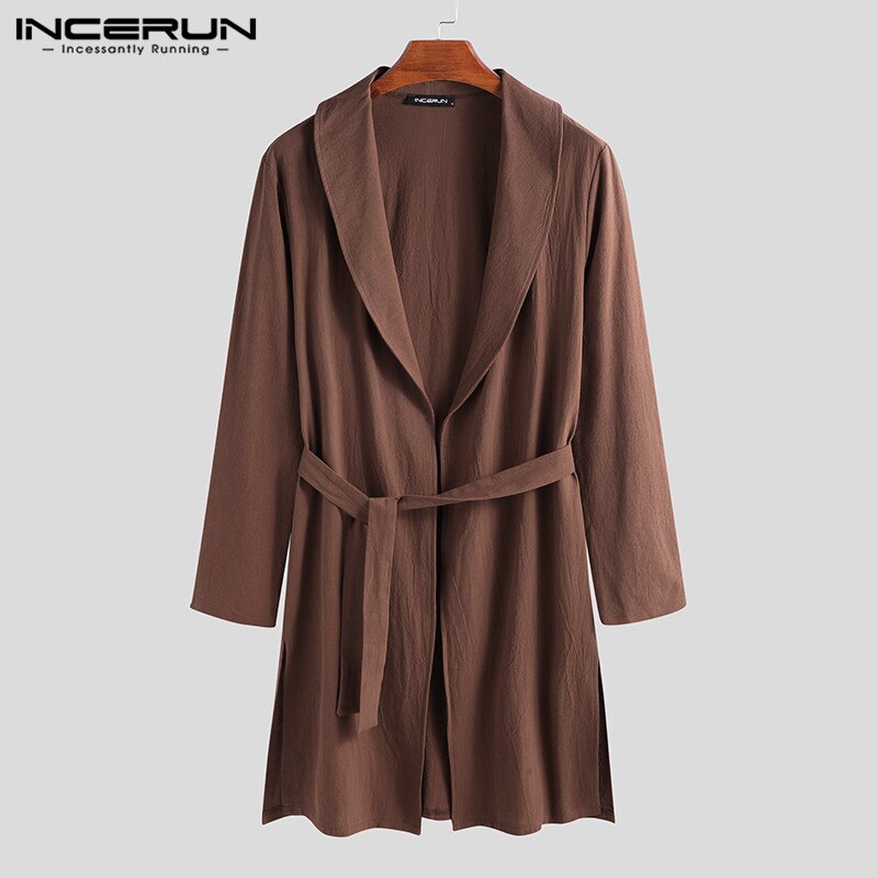 INCERUN Mode Comfort Katoen Mannen Solid Revers Lange Mouw Nachtjapon Heren Badjas Casual Riem Kamerjas Homewear Pyjama: Yellow / XXL