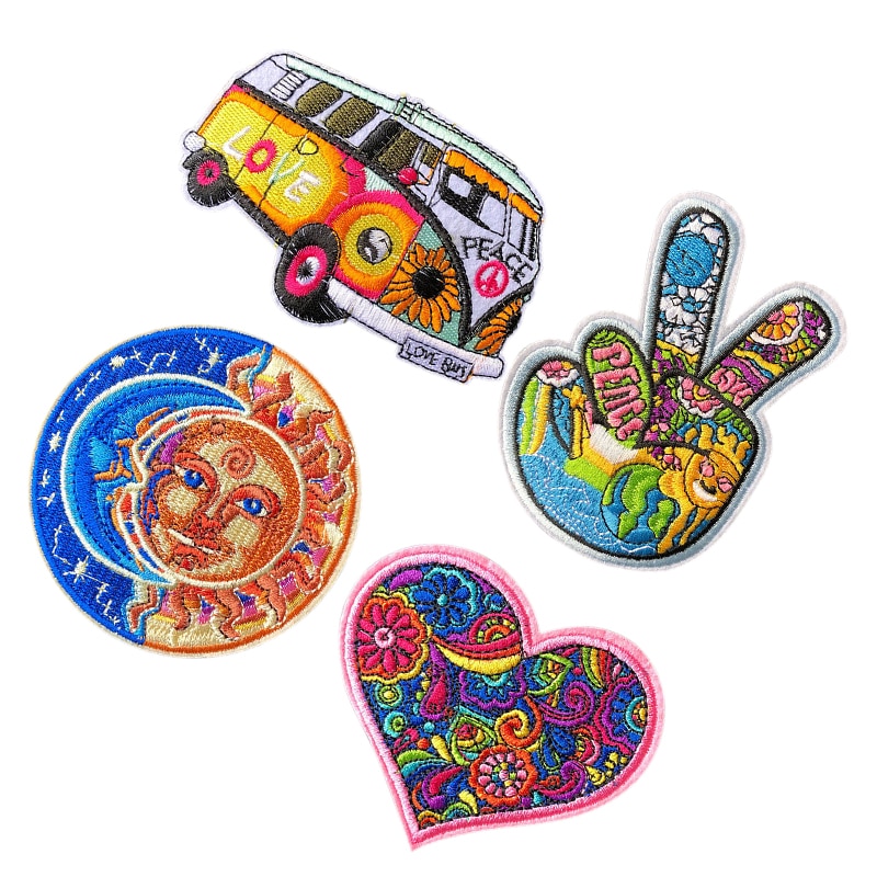 4 sztuk hipis miłość autobus kwiaty pokoju naklejki ubrania aplikacje łatki na łatka DIY Sztuka haftowane żelazko szyć na aplikacja
