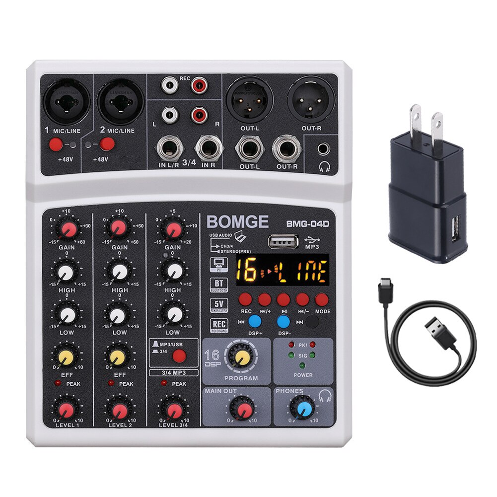 Professionele 4 Kanalen Bt Audio Sound Mixer Multifunctionele Mengen Dj Console Usb 16 Dsp Effecten Mixer Elektrische Muziek Apparatuur: White US Plug