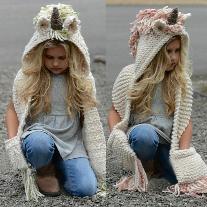 Trend Unique Unicorn Hooded Scarf Animal Girls Children Hoodie Cowl Crochet Knitted Kids Autumn Winter Scarves