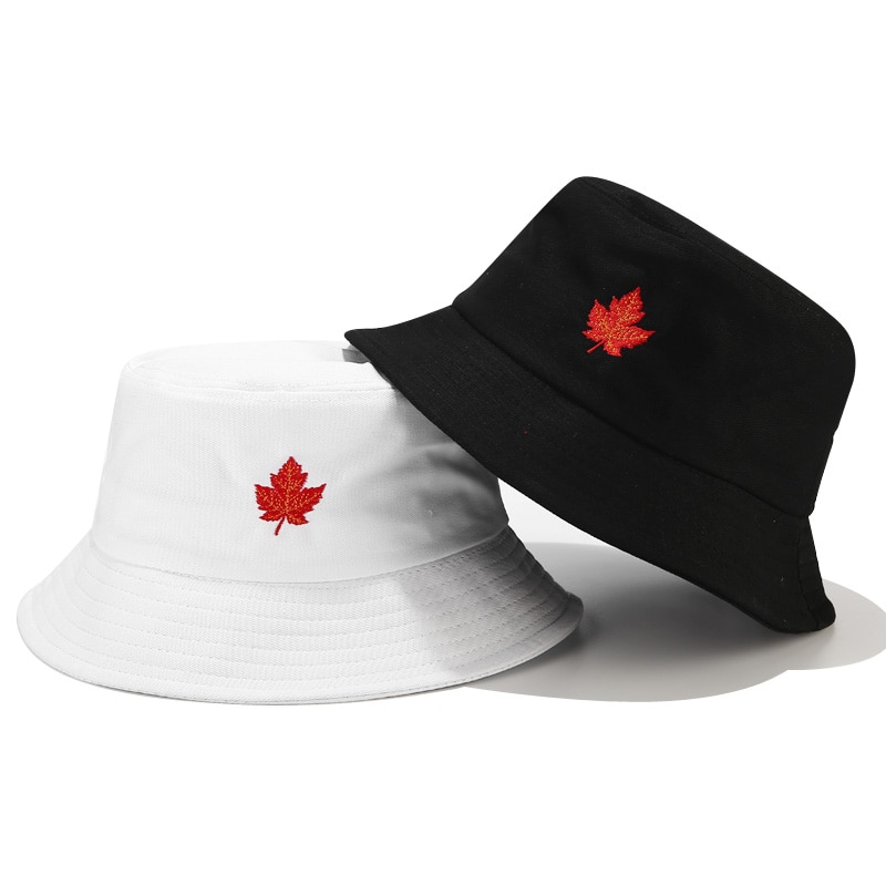 Leaf Embroidery Bucket Hat Protection Sun Hat Maple Foldable Cap Panama Packable Cotton Fisherman Hat For Men and Women