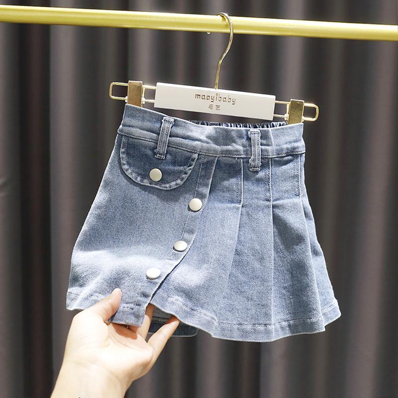 Gonna a mezza lunghezza di personalità in stile occidentale per bambina gonna in denim pieghevole per bambina primavera ed estate P4619