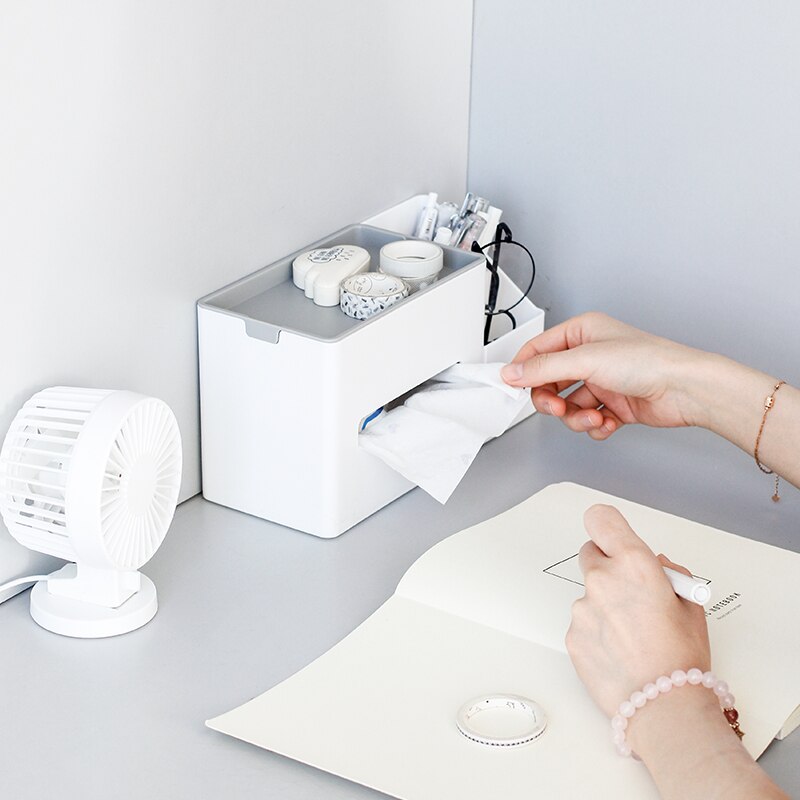 Square Tissue Box Cover White Pen Holder Desk Organizer Storage Box Sundries Pencil Box Multifunctional Plastic Stationery