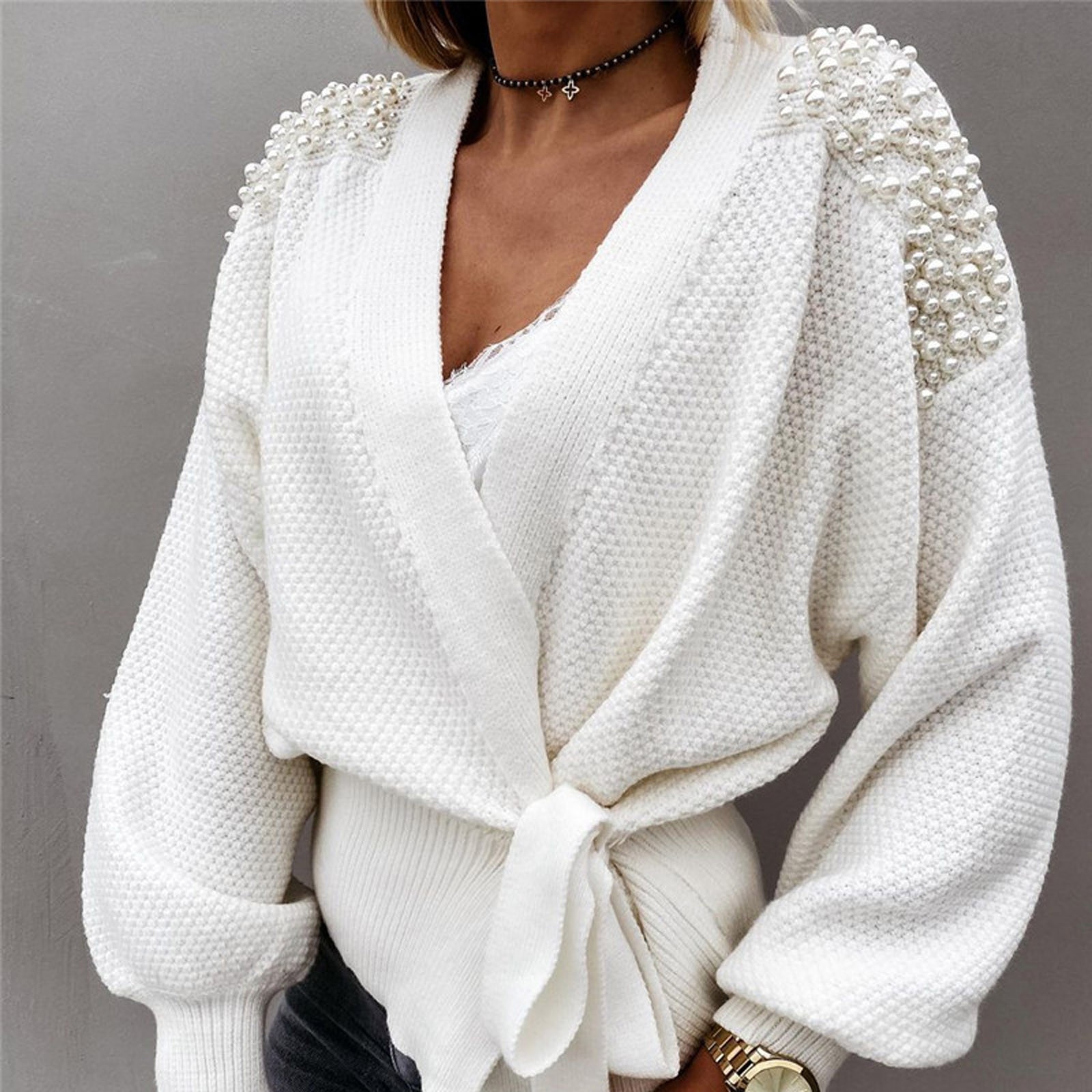 Ladies Autumn Winter Knitted Jacket Long Sleeve V-neck Bowknot Pearl Pure Color Waist Knit Cardigan Sweater Cardigans #s5