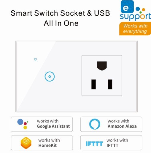 2 In 1 Wall Smart Switch Socket Tempered Glass Touching Button Wall Smart Light Controlling Panel Ewelink APP Controlling: White / 2-Gang