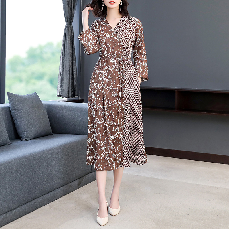 Vestido Midi de seda de morera para mujer, prenda de manga larga con estampado de primavera y verano, estilo coreano e informal para y oficina, 2022: XXXL