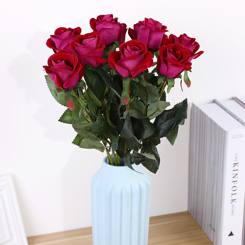 1pc smukke europæiske kunstige blomster buket hjemme fest bryllup dekoration enkelt rose simulation flannel blomster: Rosenrød