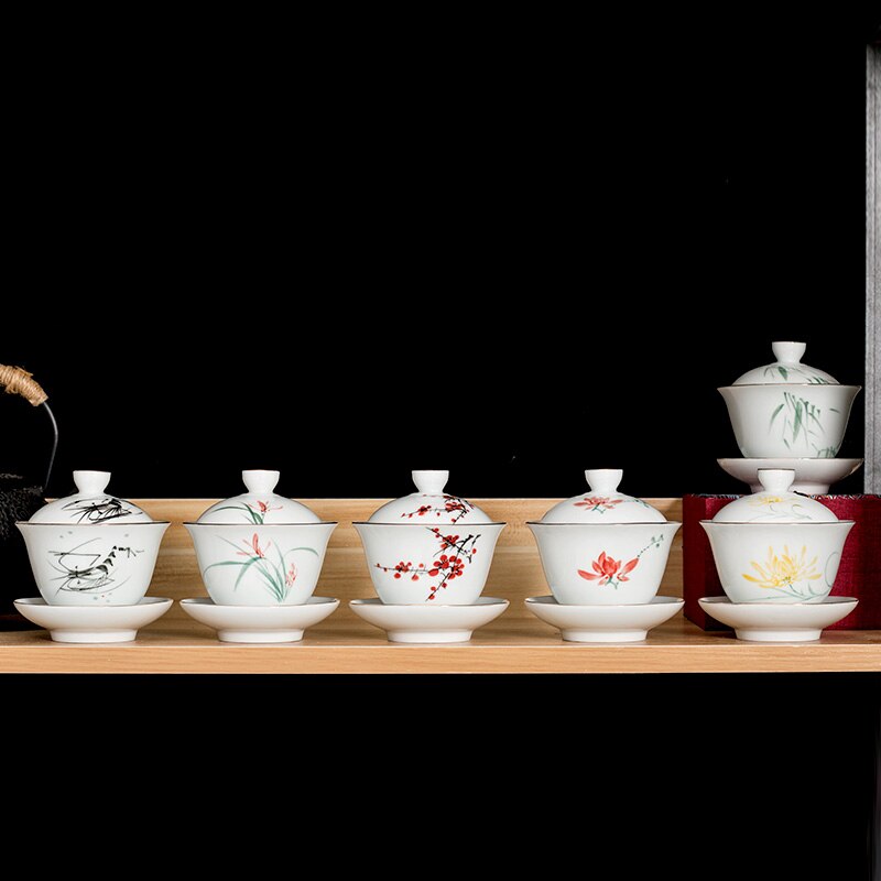 Chinese Style Ceramic Hand Painted Gaiwan Handmade Tea Bowl Set Tea Tureen Teacup Household Teaware Accessories Drinkware