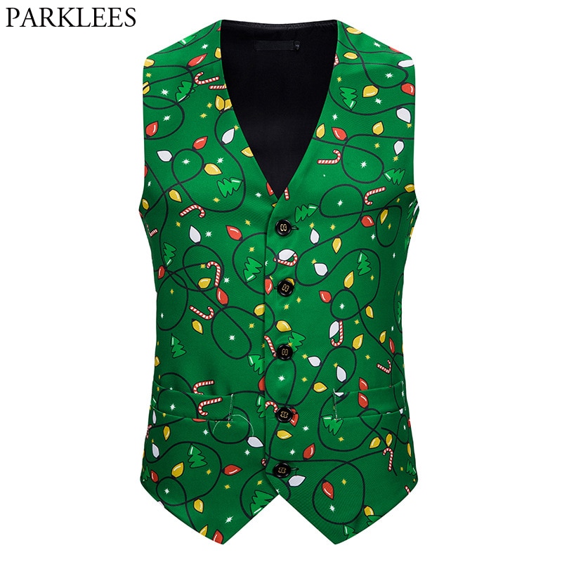 Groene Kerst Vest Mannen 3D Candy Cane Print Vest Mens Xmas Feliz navidad Party Tuxedo Vesten Chaleco hombre