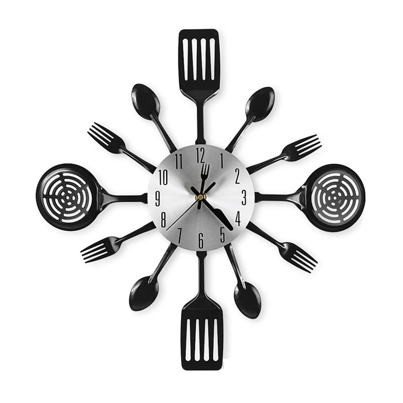 16 Inch Large Kitchen Wall Clocks With Spoons And Forks,3D Tableware Wall Clock Room Home Decoration: Coral Red