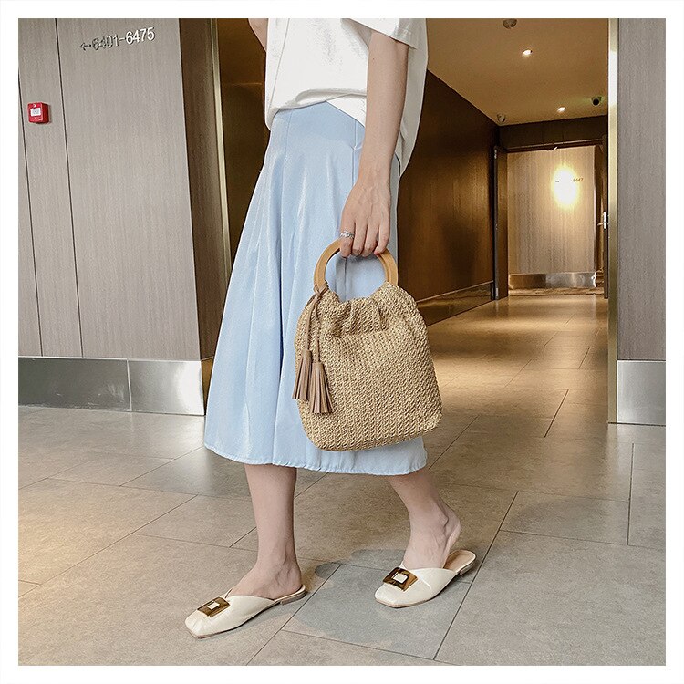 #39 dameshandtas zomer stro strandtas bohemian dames netvak holle ronde handgreep tote met hout