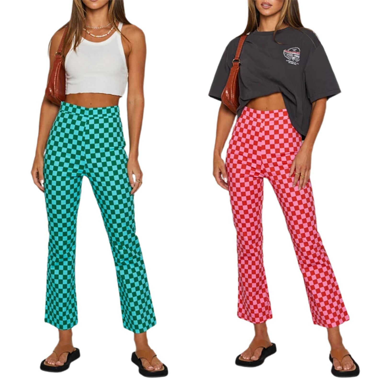Vrouwen Casual Skinny Broek Klassieke Hoge Taille Plaid Gedrukt Slim Fit Flare Broek Mode