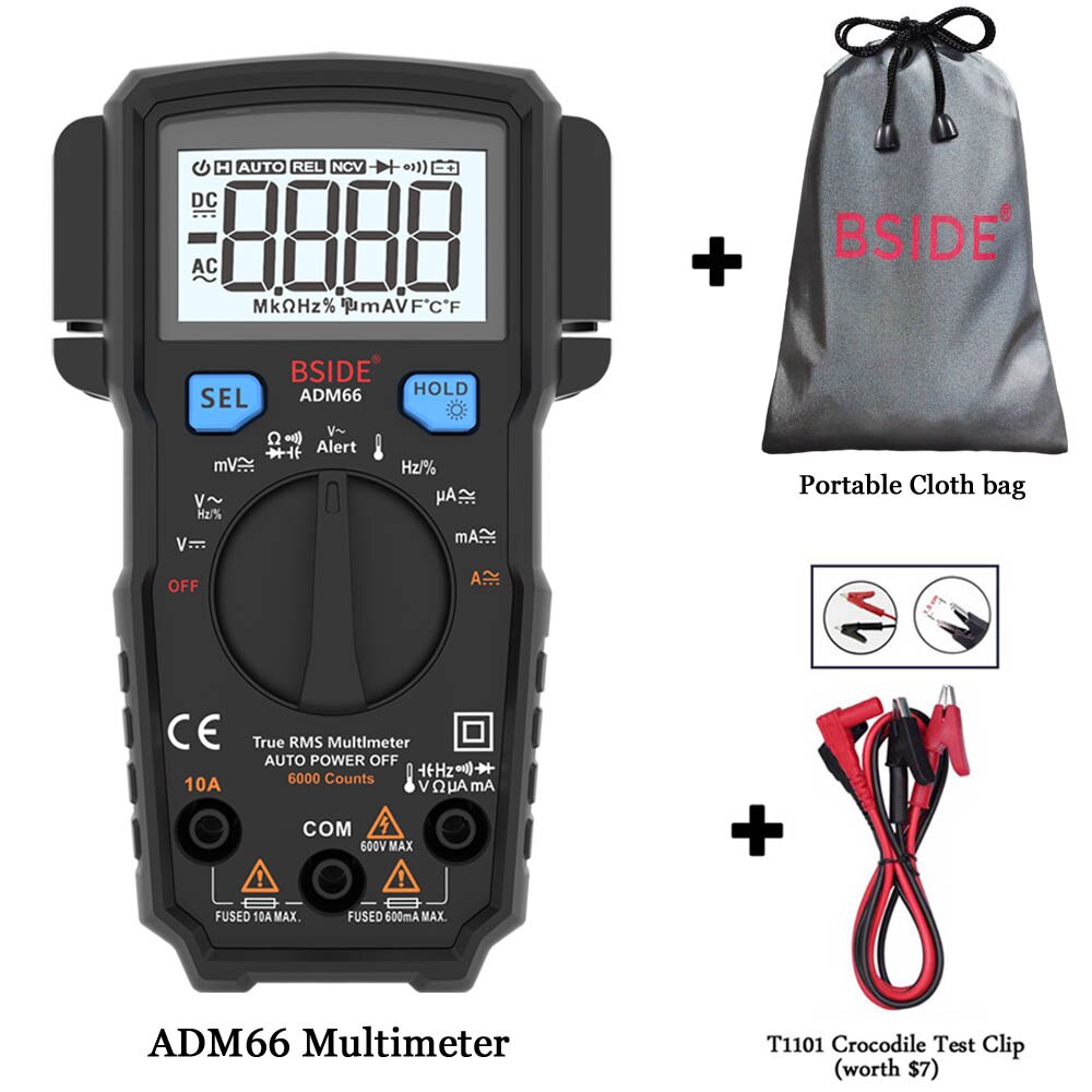 Portable Digital Multimeter BSIDE ADM66 Auto Range True RMS Multimetro DC AC Voltmeter Ammeter Thermometer Ohm diode Tester: ADM66-T1101-Bag
