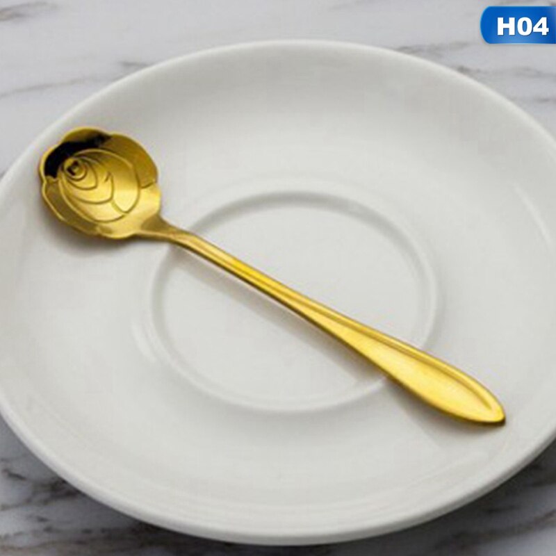 Tableware Coffee Stirring Spoon Ceramic Handle Flower Scoop Stainless Steel Gold Plated Cherry Rose Spoons Kitchen Tools: H04