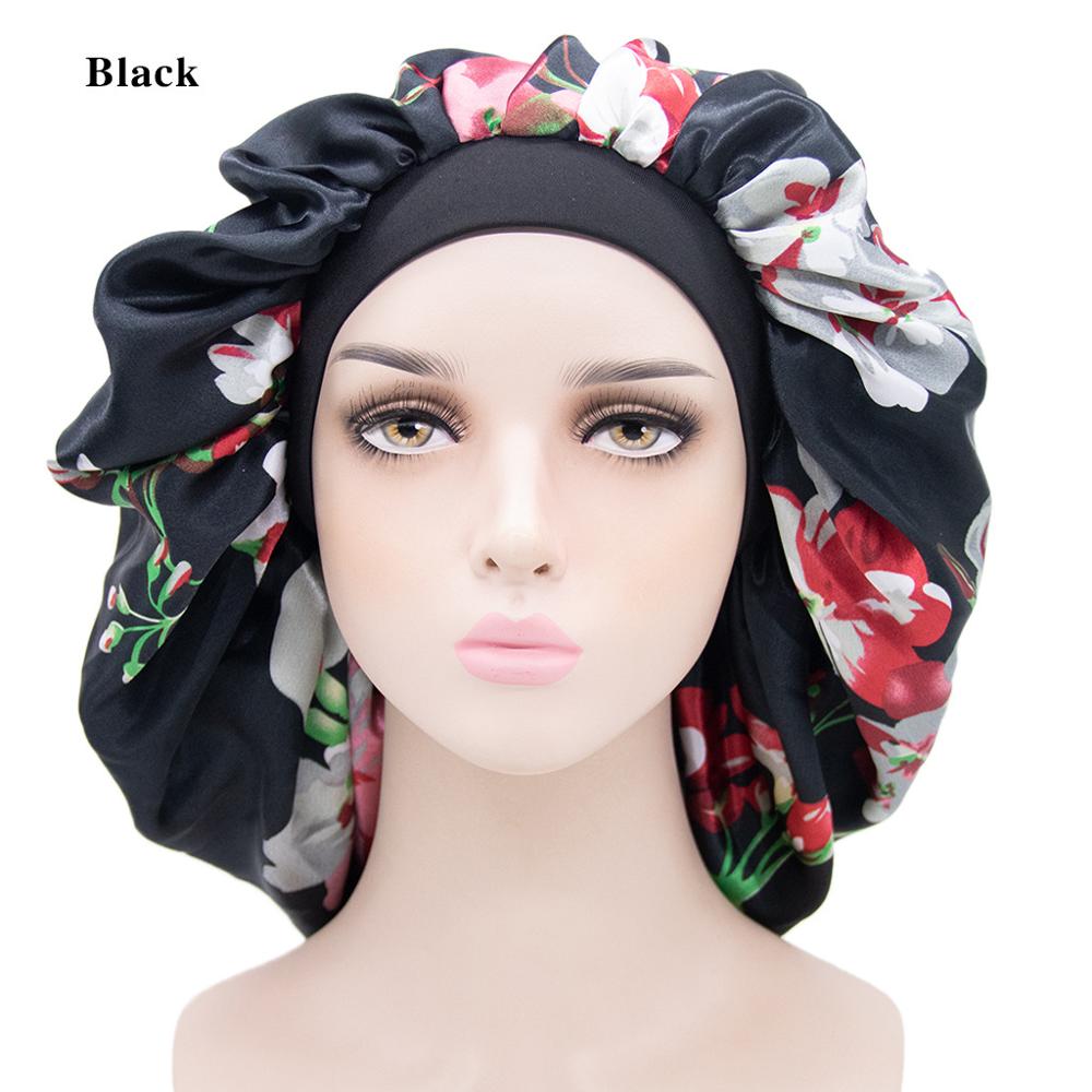 Doppel Schichten Frauen Satin Bonnet Stretch Breite-Krempe Seidige Schlummertrunk Größere Größe Dusche Kappe TB-189/190: Black Flower 2