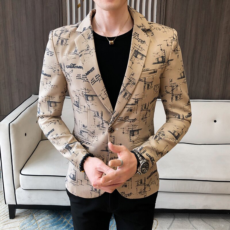 Lente koreaanse jas heren blazer print zakelijke jurk casual slim fit kostuum jas podium heren bruiloft blazer jas: Bruin / Koreaanse xl