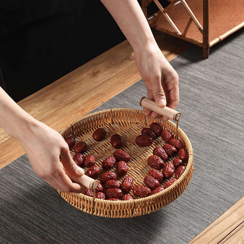 Cestas de mimbre tejidas de imitación de plástico para pan, fruta, verdura, restaurante, mesa para servir, cesta de almacenamiento redonda de ratán