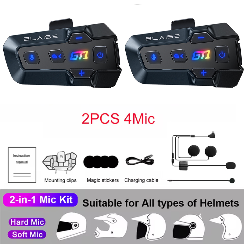 Blaise  gt1 motorcykel bluetooth intercom musikdeling 1000m 2 ryttere gruppe hjelmkommunikation højttaler headset intercom: Sort