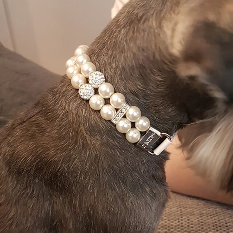 Hundehalsbånd kunstige perler pigghalsbånd kjæledyrhalsbånd justerbart skinnhalsbånd for liten hund
