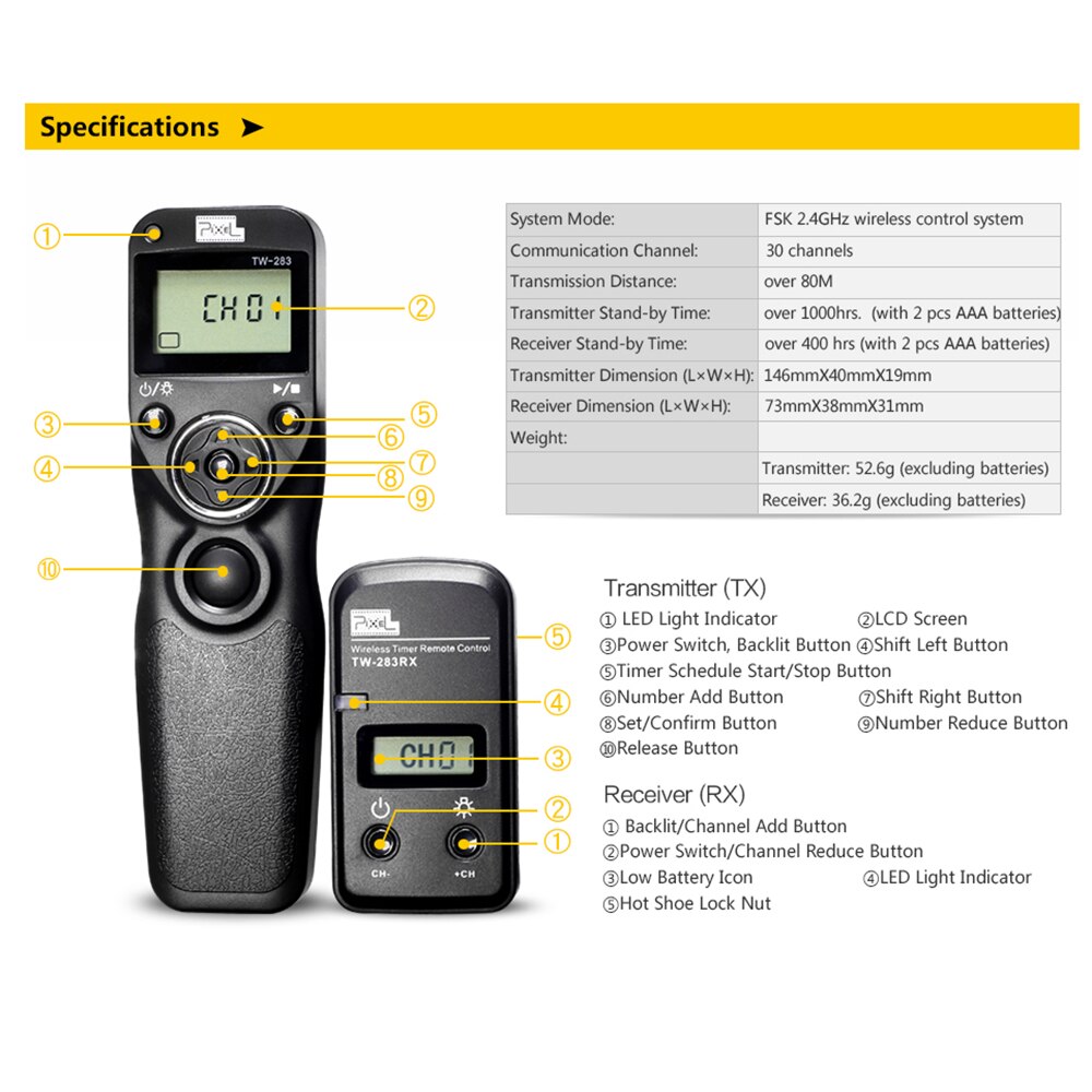 Pixel – minuterie sans fil TW 283, câble pour Canon, Nikon, Sony, appareil photo, déclencheur (DC0, DC2, N3, E3, S1, S2), TW283