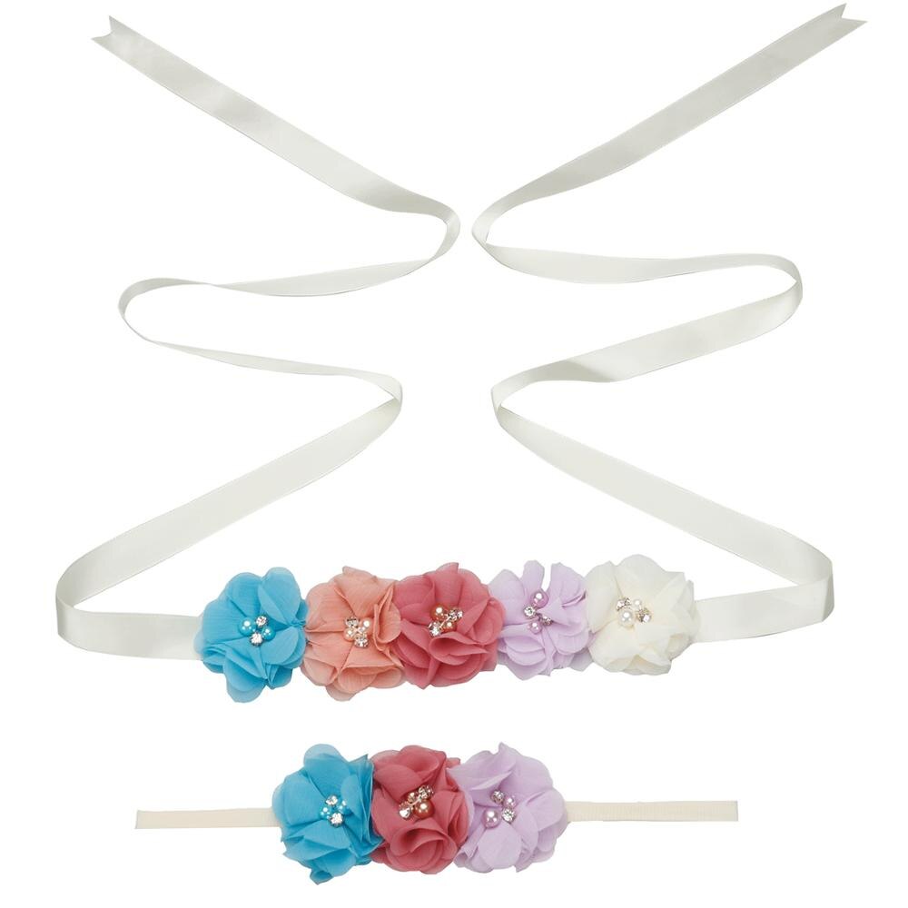 Nuevos cinturones de flores de cinta de seda cinturones de fajín de señora niña con niños Chiffon flor diadema accesorios de boda decoraciones: MULTI