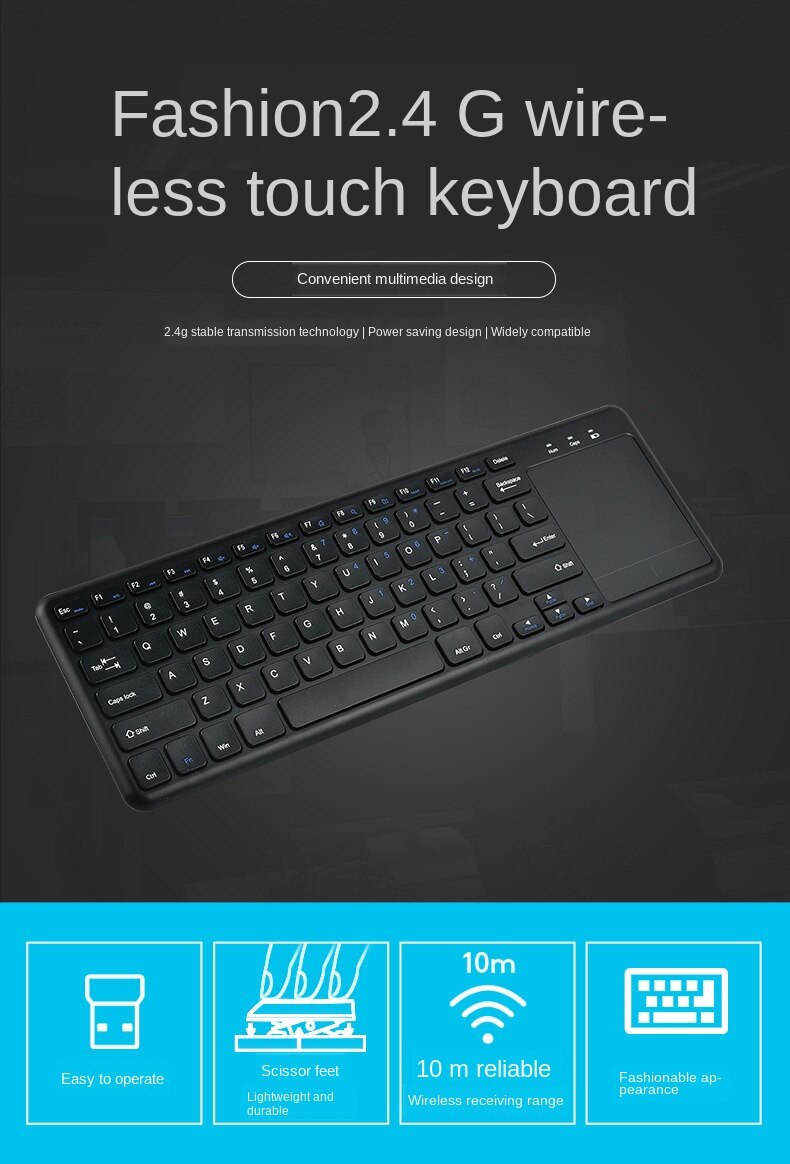 2.4g trådløse tastaturer med pekeplate, ultratynt kontortastatur og bærbare mus, trådløst tastatur og mus datamaskintilbehør