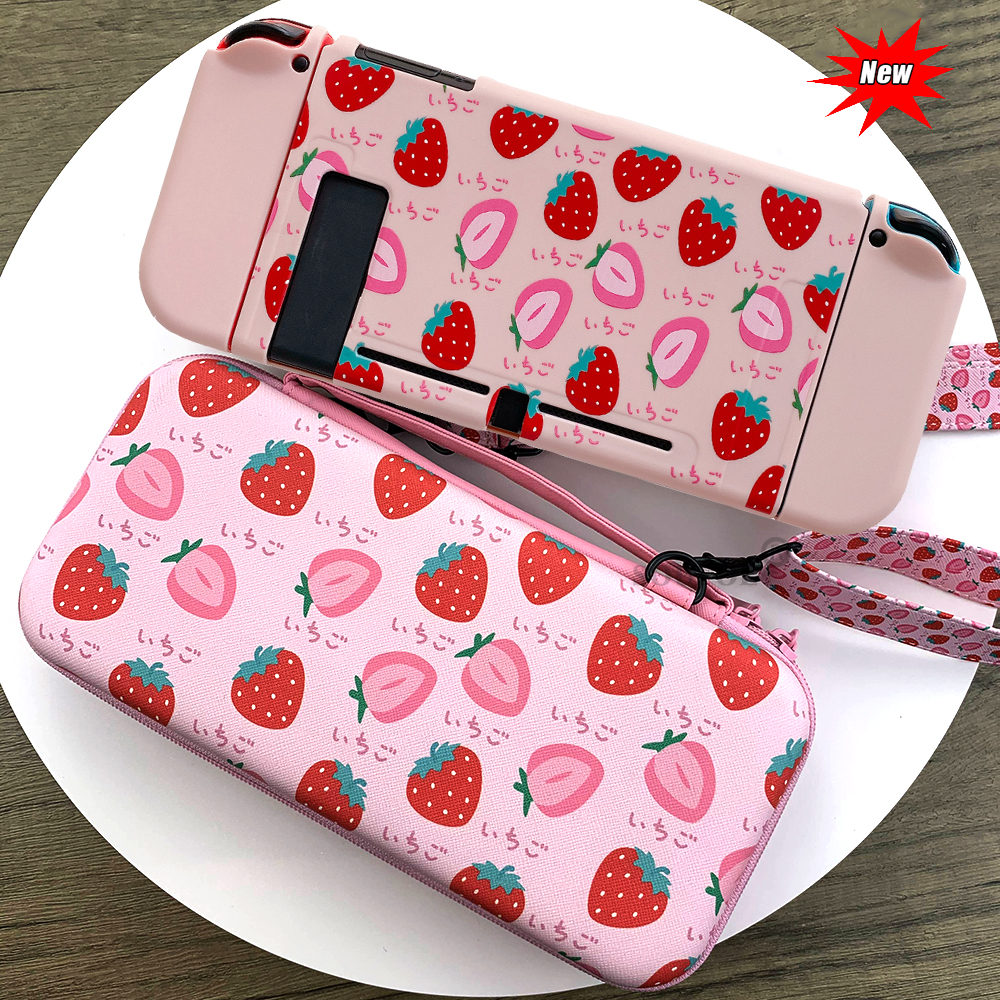 Cute Cartoon Storage Bag For Nintend Switch Kawaii Travel Carry Protective Case Game Console Box Shell with Lanyard: Strawberry Kit